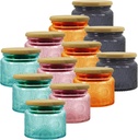 4 oz Colored Mini Glass Jars with Airtight Bamboo Lids 12 pack, Decorative Small Food Storage Canister, Vintage Embossed Home Décor Candle Parties Wedding Baby Shower Favors Gift