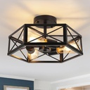 WILON Black Flush Mount Ceiling Light for Kitchen Hallway - 3-Light Industrial Close to Ceiling Lighting Farmhouse Metal Cage Light Fixtures Ceiling Mount for Foyer Kitchen Living Room(E26 Socket)