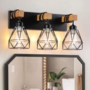 COTULIN Farmhouse Vanity Light for Bathroom,3-Light Industrial Black Light Fixtures Over Mirror,Rustic Wood Wall Sconces Lighting with Cage Metal Lampshade for Living Room Bedroom Hallway Restroom
