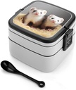 Ferrets Bento Box Adult Lunch Box All-in-One Lunch Containers with Removable Compartments Double Layer Bento Lunch Box with Spoon And Handle Stackable Lunchbox