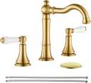 Porcelain Brushed Gold Bathroom Faucet 8 inch Widespread for 3 Holes with Plastic Pop-Up Drain & 2Pcs Water Supply Lines, Classical 2-Handle Gold Vanity Sink Faucets, 360° Swivel Brass Spout