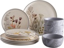 Corona 12–piece Delicate Floral Design Ceramic Dinnerware Sets | Plates and Bowls | Service For 4 | Anastasia