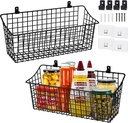 Large Wall Hanging Baskets - 2 Set Rustproof Rubber Coating Wall Shelving Organizers - Metal Wire Basket Storage No Drill Adhesive Wall Mount for Shower Kitchen Laundry Pantry Cabinet RV (Black)