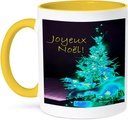 3dRose Pretty Christmas Tree Joyeux Noel in Ice Blue with Gold Text 15oz Two-Tone Yellow Mug