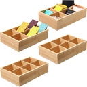 Maitys 4 Pcs Bamboo Divided Storage Organizer Bamboo Container with 6 Compartments Food Storage Bin Wooden Tea Drawer Box Bin Holder Case for Snacks Tea Bags Coffee Sugar