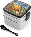 Autumn Farm Bento Box, Reusable Double Layer Lunch Box with Handle & Dividers, 1000ml Leakproof Lunch Container for Office, Picnic, Travel