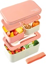 NatraProw Adult Bento Box, All-in-One Japanese Stackable Lunch Box with Removable Utensil Set and Sealing Strap, Food Container Ideal for Meal Prep, Work, and On the Go (Pink)