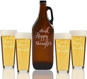 "Drink Happy Thoughts" Beer Amber Growler & pint Glasses, Set of 5