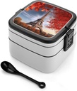 Bento Box for Adult Eiffel Tower And Red Leaves Bento Lunch Box with 2 Compartments Stackable Lunch Container Reusable Food Storage Container Meal Prep Snack Containers
