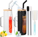 20oz Glass Water Tumbler with Straw and Lid, 2 Pack Coffee Tumbler with Handle, Boba Smoothie Cup, Glass Iced Coffee Cup with Bamboo Lid for Boba Tea, Juice (White & Black)