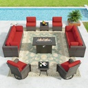 Kullavik 13 Pieces Outdoor Patio Furniture Set with 55000BTU Gas Propane Fire Pit Table,PE Wicker Rattan Sectional Sofa Patio Conversation Sets,Swivel Rocking Chairs Set,Red