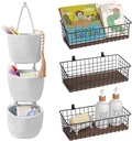 Wall Hanging Baskets - 3 Large Diversified Wire Basket Shelves of Wooden Style and 3-Tier Boho Style Wall Mounted Bag with Adhesive Hook, for Kitchen Coffee Bar Office Garage Storage Organization