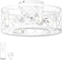 Coolbull White Caged Ceiling Fans with Lights and Remote Outdoor Enclosed Bladeless 18 Inch Low Profile Flush Mount Fixture Small Fandelier LED Ceiling Fan Light for Kitchen Farmhouse Bedroom