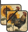 Vintage Sunflower Rooster Pot Holders Set of 2 Kitchen Decorative Heat Resistant Potholder Cotton Lining Oven Hot Pads for Cooking Baking Microwave Oven End Dishes BBQ Holiday Decors