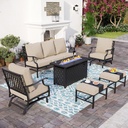 Patio Furniture Set with Firepit Table, Metal Outdoor Patio Furniture, 2 Rocking Chairs, 3 Seater Sofa, 2 Ottomans with 5.75" Extra Thick Cushion and Gas Firepit Table for Backyard