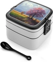 Season Landscape Bento Box with Spoon, 2-layer Stackable Lunch Box Leak Proof with Invisible Handle, Insulated Food Storage for Office, Picnic & Travel