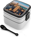 High Rise Buildings Skyscrapers Bento Box Leak-Proof Double Layered Lunch Containers with Spoons And Invisible Handle, Portable Lunch Boxes for Work Picnic Travel