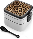 Rough Leopard Print Bento Box for Adults Double Layer Lunch Box with Spoon And Invisible Handle Microwave Dishwasher Safe Leak Proof Meal Prep Lunch Containers for Office Picnic