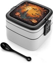 Horror Forest Pumpkin Bats Bento Box Adult Lunch Box All-in-One Lunch Containers with Removable Compartments Double Layer Bento Lunch Box with Spoon And Handle Stackable Lunchbox