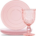 Yungala Vintage Wine Glasses and Plates Set - Hobnail Pink Glassware for Easter