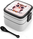 Adult Double-Layer Bento Box Cute Owl Portable Lunch Box with Spoon And Invisible Handle Leakproof Microwave-Safe Food Container for Work Travel Camping