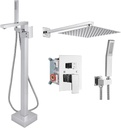 Aolemi Polish Chrome Freestanding Bathtub Faucet Floor Mount Tub Filler Single Handle Brass Tap 10’’ Shower Head Shower Combo Set with Handheld Shower Bathroom Wall Mount Mixer Shower Faucet