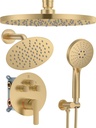Shower System with Pressure Balance Valve, 10" Ceiling Mount Shower Faucet Set with 2 Rain Shower Head And Multi-function Handheld Head Push Button Diverter Pressure Balancing Valve Kit, Brushed Gold