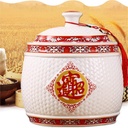 Ceramic Rice Dispenser Grain & Rice Storage Ceramic Container Large Food Storage Container Food Dispenser for Grains Candy Coffee Beans Rice Flour Pet(Red-F,4kg)