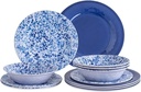 Melamine Dinnerware Set, 12 Piece Service for 4, Blue and White Porcelain Tableware Dishes for Indoor and Outdoor Use, Unbreakable Plates and Bowls Sets, Dishwasher Safe BPA Free