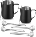 Irenare 2 Pcs Milk Frothing Pitcher 12 Oz and 20 Oz Stainless Steel Milk Frother Cup with 4 Floral Dessert Coffee Spoons 2 Decorating Art Pens Espresso Accessories Set for Kitchen Cafe Bar(Black)