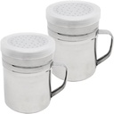 Stainless Steel Salt Pepper Dredge Shakers, 2pcs 10 Oz, Cylindrical, Food Seasoning Shakers with Handles and Plastic Covers
