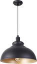 15 1/2in Large Dome Barn Pendant Light for Farmhouse, Black Ceiling Mounted Lighting with Brass Interior for Kitchen, Indoor and Outdoor Hanging Light Fixture with Ajustable Cord