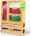 Burcha 6-in-1 Storage Bag Organizer for Plastic Bagg, Sandwich Bag Organizer for Kitchen Drawer and Wall, Bamboo Foil and Plastic Wrap Organizerr with Cutter, For Gallon Quart Snack (17 X 13 X 3.5)