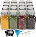16 Pack 6 oz Glass Spice Jars with 80 Black Labels,180ml Empty Square Spice Containers Seasoning Bottles with Silver Caps and Shaker Lids for Kitchen Storage(Chalk Marker,Funnel and Brush include)
