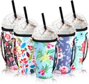 Chengu 5 Packs Iced Coffee Sleeve Flower Patterned Insulator Sleeves Reusable Sleeves for Coffee Neoprene Cup Holder for Cold Drinks Beverages Cup Sleeve with Handle, Fit 30-32 oz Coffee Cups