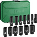 SK 1/2" Drive Impact Socket Set, Deep SAE Sockets, 13-Piece 7/16" to 1-1/4", Premium CR-MO Steel, SureGrip 6 Point Design, With Storage Case