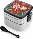Bento Box Stackable Lunch Box with 2 Compartments Leak-Proof Food Storage Containers Snowflakes And Christmas Trees Bento Lunch Box for Adults Lunch Containers with Utensil Set