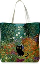 Cute Black Cat Canvas Tote Bag Aesthetic Flowers Reusable Shopping Grocery Bags Birthday Gifts for Women & Teen Girls