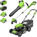 Greenworks 40V 21" Self-Propelled Lawn Mower,Axial Leaf Blower(500 CFM / 120 MPH),13" String Trimmer with 2 Batteries(5Ah+2Ah) & Chargers