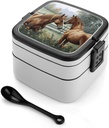 Stackable Double-Layer Bento Box Animals Embroidery Paintings Horses Adults Lunchbox With Spoon Cute Japanese Bento Box Dishwasher Safe for Work Travel Dining Outc