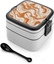 Orange Wavy Pattern Bento Box Adult Lunch Box All-in-One Lunch Containers with Removable Compartments Double Layer Bento Lunch Box with Spoon And Handle Stackable Lunchbox