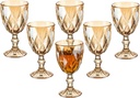 Vintage Wine Glasses Set of 6, 10 Ounce Colored Glass Water Goblets, Unique Embossed Pattern High Clear Stemmed Glassware Wedding Party Bar Glass Drinking Cups Fancy Wine Glasses Amber