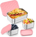 TeamFar Stainless Steel Lunch Box, Food Snack Storage Bento Containers with Silicone Lids for Kids Adults to School Work, Kids Friendly & Dishwasher Safe, Leak-Proof & Easy Open, 25OZ + 8OZ*2 (Pink)