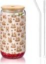Cute Aesthetic 16oz Glass Cups with Bamboo Lids and Straws, Cute Corgi And Cookie, Beer Style Iced Coffee Glasses, Perfect for Women, Smoothie and Tea Cup