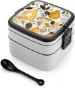 Leaves And Pears Bento Box Adult Lunch Box All-in-One Lunch Containers with Removable Compartments Double Layer Bento Lunch Box with Spoon And Handle Stackable Lunchbox