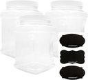 Cornucopia Brands 3-Pack Square 64oz 1/2 Gallon Plastic Canisters; 8-Cup Capacity Clear Jars w/Lids & Chalk Labels, BPA-Free Lightweight PET #1 Plastic