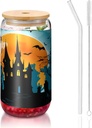 Castle Witch Pumpkin 16 Oz Ice Tea Glass Cup, Halloween Night Drinking Glasses with Bamboo Lids & Glass Straws for Coffee Tea Cocktail Whiskey Soda