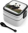 Panda Bento Box with Compartments Double Layer Bento Lunch Box with Spoon And Handle All-in-One Adult Lunchbox Leakproof Lunch Container for Work Picnic Travel