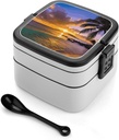 Bento Lunch Box for Women Lunch Containers for Adults Tropical Hawaii Palm Tree Double Layered Lunchbox Large Capacity Bento Box with Cutlery for Work Picnic Camping Travel