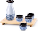 Japanese Sake Set, Traditional Ceramic 1 Tokkuri Bottle & 4 Ochoko Cups with Wooden Tray, Hand Drawn, Dishwasher Safe, Ideal Gift